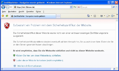 Hinweisseite beim Internet Explorer